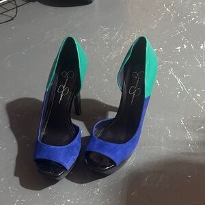 Jessica Simpson Blue and Green Peep-Toe Heels